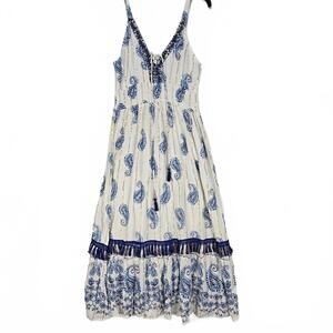 Anthropologie Me 2 Magic Paisley Gold Stripe Boho Maxi Dress Tassels Smocked